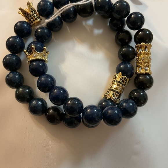 Hand Crafted Couple’s 2 Bracelets Blue Gemstone Pave King Queen Crown Rhinestone - Picture 6 of 11